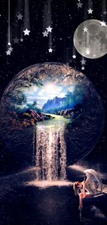 Dreamy nightscape wallpaper with waterfall, moon, and stars.