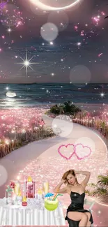 Magical beach path under a starry sky with dreamy decor.