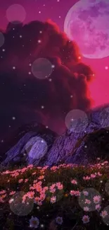 Purple mountain scene with flowers and moon.