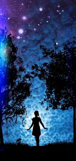 Silhouette of a girl under a cosmic, starry night sky with trees.