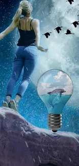 Dreamy wallpaper with woman, ocean, and dolphin in a light bulb.