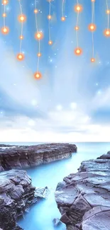 Serene ocean with hanging lights and glowing stars in the sky.