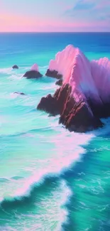 Dreamlike seascape with turquoise ocean and pink cliff formations.