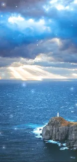 Ocean cliff with sunbeams breaking through clouds, creating a dreamy seascape.