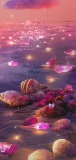 Dreamy fantasy ocean scene with pink glow and seashells.