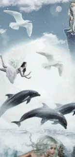 Fantasy ocean wallpaper with dolphins, birds, and ethereal elements.