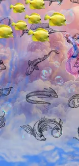 Whimsical ocean scene with fish and clouds in a dreamy atmosphere.