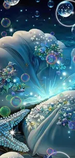 Fantasy ocean wallpaper with glowing seashells and bubbles.