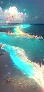 Surreal ocean fantasy with vibrant colors and glowing path on phone wallpaper.