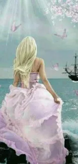 Dreamy ocean wallpaper with blonde figure.