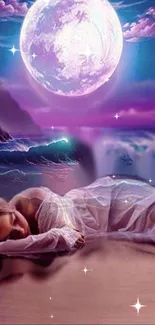 Sleeping figure under a glowing moon on a tranquil beach with purple hues.