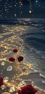 Glittering ocean nightscape with roses.