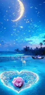 Dreamy seaside with crescent moon, glowing heart, and starlit sky.