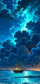 Sailing ship under starry night sky and glowing clouds on the ocean