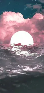 Dreamy wallpaper with moonlit waves and pink clouds over a dark night sky.