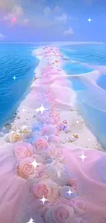 Dreamy ocean pathway with pink roses and pastel hues mobile wallpaper.