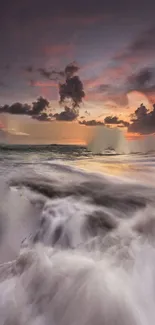 Dreamy ocean view at sunset with vibrant sky and flowing waves.