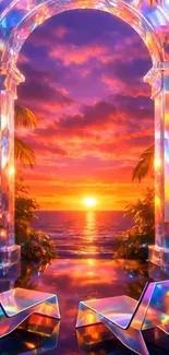 Surreal tropical ocean sunset through a crystal archway with vibrant colors.