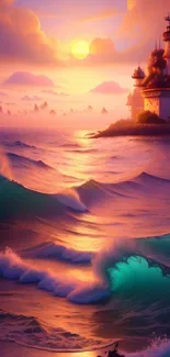 Dreamy sunset over ocean waves with lighthouse, vibrant purple hues.