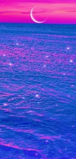 Dreamy ocean with crescent moon and stars in purple hues.