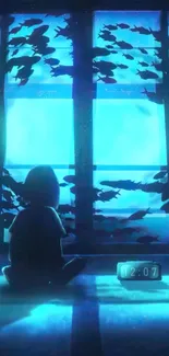 Child sitting by a window with fish silhouettes in a blue, dreamy underwater scene.