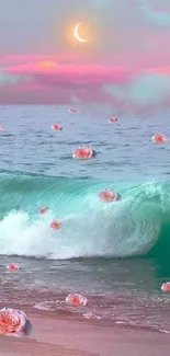 Serene ocean waves with pink roses and a crescent moon.