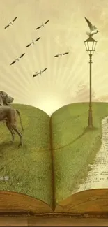 Surreal scene with open book, dog, and birds against a sunset sky.