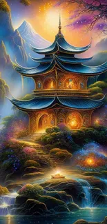 Luminous pagoda in a vibrant fantasy landscape with waterfalls.