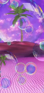 Palm trees in bubbles over purple desert landscape with pink dunes.