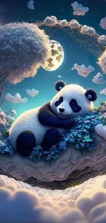 Dreamy panda nestled in glowing clouds under a starry night sky.