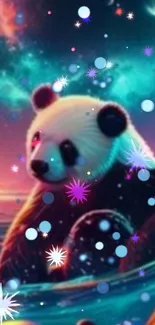 A dreamy panda in space with stars and colorful cosmic background.