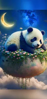 Whimsical wallpaper with a panda on a floating island beneath a crescent moon.