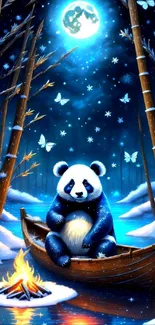 Panda in boat under a starry blue night with butterflies.