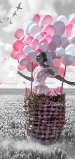 Woman in basket with pastel balloons over floral field.