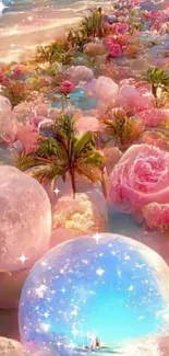 Dreamy pastel beach with glowing bubbles and tropical plants.