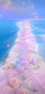 Dreamy pastel beach path with pink roses and blue sea.