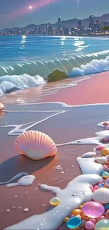 Dreamy pastel beach with seashells and waves.