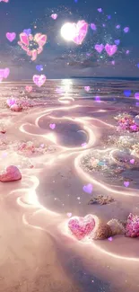 Dreamy pastel beach with heart stones glowing under a starry sky.