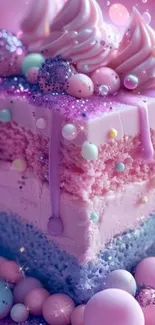 Dreamy pastel cake with pink frosting and decorations.