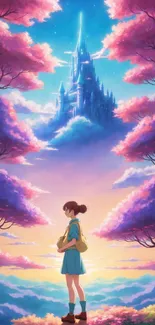 Dreamy pastel wallpaper with castle and pink clouds.