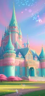 A vibrant pastel castle with pink and teal colors in a dreamy landscape.