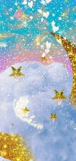 Dreamy pastel celestial wallpaper with golden stars and moons.