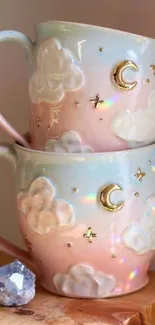 Pastel mugs with clouds, moons, and a crystal.