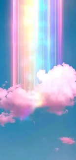 Dreamy cloud and rainbow light wallpaper with blue sky background.