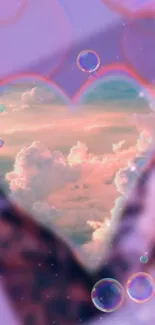 Heart-shaped window revealing pastel clouds in a dreamy purple background.