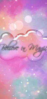 Inspirational pastel cloud wallpaper with 'Believe in Magic' text.