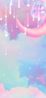 Dreamy pastel cloud wallpaper with crescent moon and stars.