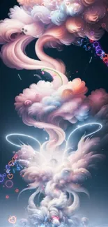 Surreal pastel cloudscape art with dreamy colors and a dark night sky backdrop.