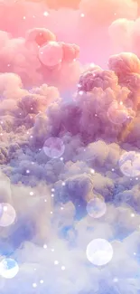 Dreamy pastel cloudscape with pink and purple hues on phone wallpaper.