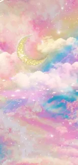 Dreamy pastel clouds with crescent moon wallpaper.